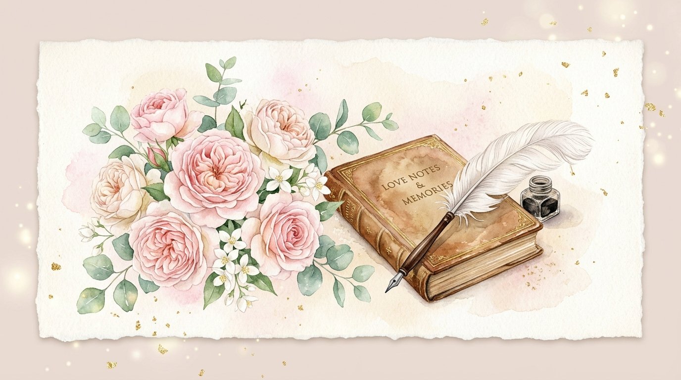 Watercolor roses, journals, and feather quill pen